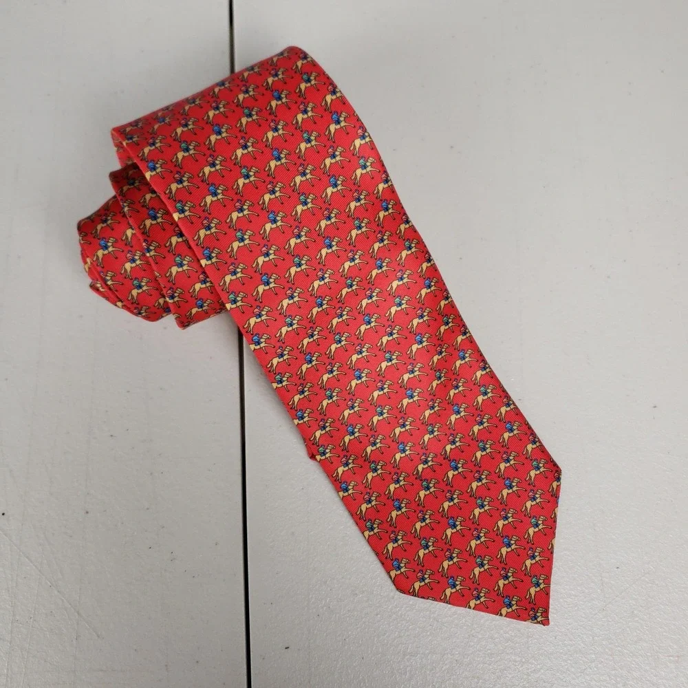 Red Silk Equestrian Necktie Horse & Jockey Pattern Classic Men's Tie 62x3.25